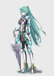  1girl bangs breasts chest_jewel earrings full_body gloves green_eyes green_hair grey_background high_heels highres jewelry large_breasts long_hair long_ponytail looking_afar pneuma_(xenoblade) ponytail profile sarasadou_dan simple_background solo standing swept_bangs sword tiara very_long_hair weapon xenoblade_chronicles_(series) xenoblade_chronicles_2 