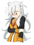  1girl between_breasts braid breasts bubble_tea bubble_tea_challenge cup disposable_cup drink drinking drinking_straw drinking_straw_in_mouth fate/grand_order fate_(series) highres long_hair medium_breasts meme olga_marie_animusphere paran01d side_braid solo upper_body white_hair yellow_eyes 