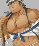  1boy abs bara bare_pecs black_hair dark_skin dark_skinned_male facial_hair forked_eyebrows fundoshi hachimaki happi headband jacket japanese_clothes licking_lips looking_at_viewer male_focus muscle navel nipples one_eye_closed open_clothes open_jacket pectoral_focus pectorals short_hair sideburns solo stomach stubble sweatdrop tenjin_(tokyo_houkago_simmoners) tokyo_houkago_summoners tongue tongue_out undressing upper_body yanutorie 