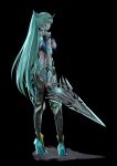  1girl black_background breasts chest_jewel earrings from_behind full_body gloves green_eyes green_hair high_heels highres holding holding_sword holding_weapon jewelry large_breasts long_hair long_ponytail looking_back pneuma_(xenoblade) ponytail sarasadou_dan simple_background solo standing sword tiara very_long_hair weapon xenoblade_chronicles_(series) xenoblade_chronicles_2 