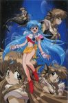  1990s_(style) 1girl armor bangs blue_hair brown_eyes closed_eyes eyebrows_visible_through_hair fingerless_gloves gloves head_fins ko_seiki_beast_sanjuushi long_hair mei_mer mermaid midriff monster_girl multiple_views navel official_art open_mouth pauldrons profile red_footwear sarong shoulder_armor 