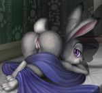  2020 3_toes anthro anus ass_up bed bedroom_eyes big_butt butt claws detailed_background dipstick_ears disney female fur furniture genitals grey_body grey_fur half-closed_eyes hi_res inside judy_hopps kneeling lagomorph leporid looking_at_viewer looking_back lying mammal multicolored_body multicolored_ears multicolored_fur narrowed_eyes nude on_bed presenting presenting_hindquarters purple_eyes pussy rabbit rear_view scut_tail seductive smile solo thick_thighs toe_claws toes two_tone_body two_tone_fur ukon_vasara wide_hips zootopia 