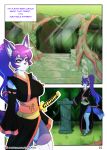  2015 anthro black_clothing breasts canid canine clothing comic dipstick_tail english_text female footwear forest fox fur grass gunmouth hair hi_res katana kemono mammal melee_weapon multicolored_body multicolored_fur multicolored_tail pedestal purple_body purple_fur purple_hair sandals sash scar sleeveless solo stairs steel_tigerwolf sword text text_box tree two_tone_body two_tone_fur vines weapon white_body white_fur whitephox yellow_eyes 