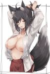  1girl animal_ears arms_up bangs black_hair blush breasts brown_eyes fox_ears fox_tail hair_tie highres inverted_nipples large_breasts long_hair long_sleeves looking_at_viewer mouth_hold navel nipples open_clothes open_shirt original otou_(otou3dayo) ponytail red_skirt shirt skirt solo tail tying_hair white_shirt 