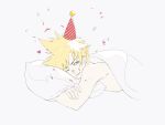  1boy absurdres blonde_hair blue_eyes cloud_strife confetti final_fantasy final_fantasy_vii hat highres lilith-lily looking_at_viewer lying male_focus on_stomach one_eye_closed party_hat pillow shirtless solo spiked_hair 