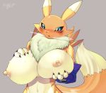  anthro big_breasts black_sclera blue_eyes blush bodily_fluids breasts canid canine claws digimon digimon_(species) female fur hand_on_breast hi_res holding_breast huge_breasts mammal navel nipples open_mouth renamon simple_background solo sweat syourinbonzu white_body white_fur yellow_body yellow_fur 