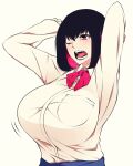  1girl black_hair breast_pocket breasts camui_kamui gigantic_breasts highres one_eye_closed open_mouth original pink_eyes pink_hair pocket school_uniform shirt short_hair sleepy teeth tongue uniform upper_body upper_teeth white_background white_shirt yawning 