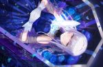  amahara_subaru dress flowers gloves gray_hair long_hair original pointed_ears purple_eyes rose water 