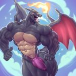  1:1 2019 5_fingers abs anthro big_biceps big_muscles biped bulge charizard clothing digital_media_(artwork) fingers fire genital_outline huge_muscles looking_at_viewer male membrane_(anatomy) membranous_wings muscular muscular_anthro muscular_male navel nintendo open_mouth penis_outline pok&eacute;mon pok&eacute;mon_(species) shiny_pok&eacute;mon solo speedo swimwear sxfpantera thick_thighs video_games wings 