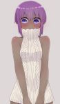  1girl aran_sweater bangs bare_arms bare_shoulders blush closed_mouth dark_skin eyebrows_visible_through_hair fate/prototype fate/prototype:_fragments_of_blue_and_silver fate_(series) grey_background hair_between_eyes hassan_of_serenity_(fate) highres i.u.y purple_eyes purple_hair ribbed_sweater simple_background sleeveless sleeveless_sweater sleeveless_turtleneck smile solo sweat sweater turtleneck turtleneck_sweater upper_body white_sweater 