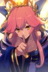  1girl animal_ear_fluff animal_ears bangs bare_shoulders bell blue_bow blue_kimono bow breasts cis05 cleavage collarbone commentary_request fate/extra fate/grand_order fate_(series) finger_to_mouth fox_ears fox_girl fox_tail hair_between_eyes hair_bow hand_on_own_face index_finger_raised japanese_clothes jewelry kimono long_hair long_sleeves looking_at_viewer off_shoulder pink_hair smile solo tail tamamo_(fate)_(all) tamamo_no_mae_(fate) teeth yellow_eyes 