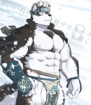  1boy abs animal_ears bara bare_pecs bulge chest_hair furry gakuran grey_fur grey_hair headband horkeu_kamui_(tokyo_houkago_summoners) jacket jacket_on_shoulders looking_up male_focus multicolored_hair muscle navel nipples pectorals pelvic_curtain revealing_clothes school_uniform short_hair silver_hair solo stomach tail thick_thighs thighs tokyo_houkago_summoners two-tone_fur white_fur wolf_boy wolf_ears wolf_tail yanutorie yellow_eyes 