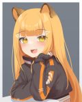  1girl :d absurdres animal_ears bangs black_gloves blunt_bangs commentary crop_top elbow_rest eyebrows_visible_through_hair fang fingerless_gloves gloves grey_background hair_ornament hairclip highres indie_virtual_youtuber klaius long_hair long_sleeves looking_at_viewer moofie_(vtuber) open_mouth orange_hair simple_background smile solo tiger_ears triangle_hair_ornament upper_body virtual_youtuber yellow_eyes 