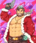  1boy abs alternate_costume bara bare_pecs beard belt brown_belt brown_hair brown_pants bulge christmas cigar cowboy_shot ded_(tokyo_houkago_summoners) facial_hair forked_eyebrows gun halo highres holding holding_gun holding_weapon jewelry looking_at_viewer male_focus muscle navel necklace one_eye_closed pants pectorals santa_costume short_hair smile solo stomach teeth thick_eyebrows tokyo_houkago_summoners weapon yanutorie 