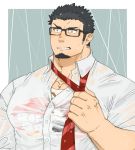  1boy bara black_eyes black_hair borrowed_character bursting_pecs buttons clenched_teeth collared_shirt facial_hair glasses goatee harada-san looking_at_viewer looking_to_the_side male_focus muscle necktie necktie_grab neckwear_grab original partially_unbuttoned pectorals red_neckwear see-through shirt short_hair sideburns solo stubble teeth upper_body wet wet_clothes white_shirt yanutorie 