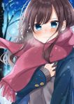  1girl absurdres arm_up bangs bare_tree black_hair blazer blue_coat blue_eyes blurry blurry_background blush clutching_chest coat commentary enpera grey_sweater hair_blowing hand_on_own_chest highres jacket light_smile long_hair long_sleeves looking_at_viewer open_clothes open_coat original outdoors red_scarf scarf shigure0730 snowflakes snowing solo standing sweater swept_bangs tearing_up tree uniform upper_body wind wind_lift 