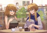  2boys 6+girls alternate_costume arthur_pendragon_(fate) artoria_pendragon_(all) artoria_pendragon_(lancer) blonde_hair blue_eyes blue_nails bookshelf braid breasts brown_hair cafe cake cape casual chair chalkboard_sign character_request coffee_cup commentary_request contemporary cup disposable_cup fate/grand_order fate_(series) food french_braid fujimaru_ritsuka_(female) fujimaru_ritsuka_(male) green_eyes grey_hair hand_on_own_chest huge_breasts indoors janoukyo19 jar jeanne_d&#039;arc_(alter)_(fate) jeanne_d&#039;arc_(fate) jeanne_d&#039;arc_(fate)_(all) jeanne_d&#039;arc_alter_santa_lily jet_black_king_of_knights_ver._shinjuku_1999 lancelot_(fate/grand_order) large_breasts leaf long_braid long_hair looking_at_another menu_board multiple_boys multiple_girls nail_polish plant potted_plant purple_hair red_eyes restaurant saint_quartz saucer scarf short_hair short_hair_with_long_locks sidelocks sitting sleeveless_sweater smile sunglasses table tristan_(fate/grand_order) tsurime very_long_hair waiter white_nails 