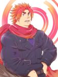  1boy bara belt blue_jacket brown_belt character_request frown gradient_hair hair_intakes hand_on_hip highres humanization jacket male_focus multicolored_hair muscle open_mouth orange_hair pectorals red_eyes red_hair red_scarf scarf short_hair simple_background solo taut_jacket thick_thighs thighs tight tokyo_houkago_summoners upper_body yanutorie 