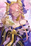  1girl animal_ear_fluff animal_ears bangs bare_shoulders bell blue_bow blue_kimono blush bow breasts cherry_blossoms closed_eyes fan fate/extra fate/grand_order fate_(series) folding_fan fox_ears fox_girl hair_between_eyes highres iincho_(airi8751) japanese_clothes kimono large_breasts long_hair long_sleeves off_shoulder open_mouth petals pink_hair smile tamamo_(fate)_(all) tamamo_no_mae_(fate) very_long_hair wide_sleeves 