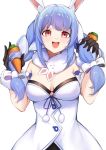  1girl :d animal_ear_fluff animal_ears bangs bare_shoulders black_gloves blue_hair blush braid breasts bunny_ears carrot carrot_hair_ornament commentary_request eyebrows_visible_through_hair food food_themed_hair_ornament gloves hair_ornament hands_up highres holding holding_hair hololive kyuu_(chiu850513) long_hair looking_at_viewer medium_breasts multicolored_hair open_mouth rabbit_girl red_eyes scarf simple_background smile solo teeth thick_eyebrows twin_braids two-tone_hair upper_body upper_teeth usada_pekora virtual_youtuber white_background white_hair 
