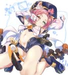  1girl ;&lt; absurdres aqua_eyes boots breasts covered_nipples diona_(genshin_impact) genshin_impact gloves hat highres navel niko_(tama) one_eye_closed pink_hair pubic_tattoo short_hair shorts simple_background small_breasts solo tattoo white_background white_gloves 