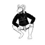 1:1 anthro balls bottomless bovid caprine clothed clothing dragon_wick genitals gesture goat hi_res horn male mammal meme monochrome ok_sign penis shirt slutty_face solo text text_on_clothing text_on_shirt text_on_topwear topwear 