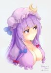  1girl bangs blue_bow blunt_bangs bow breasts cleavage crescent crescent_moon_pin hair_bow hat large_breasts long_hair looking_away mob_cap patchouli_knowledge purple_capelet purple_eyes purple_hair purple_headwear red_bow s.claw sidelocks simple_background solo touhou upper_body 