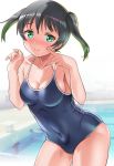  1girl bangs bare_arms bare_shoulders black_hair blue_swimsuit blush breasts cleavage collarbone competition_school_swimsuit contrapposto covered_navel cowboy_shot embarrassed eyelashes fingernails furrowed_eyebrows gonta_(gshoutai) gradient_hair green_eyes green_hair highres leaning_forward looking_at_viewer love_live! love_live!_nijigasaki_high_school_idol_club medium_breasts multicolored_hair nervous_smile one-piece_swimsuit pool poolside school_swimsuit short_hair skin_tight skindentation smile solo spaghetti_strap swimsuit takasaki_yuu twintails two-tone_hair 