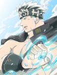  1boy bara bare_pecs fighting_stance floating from_side gakuran grey_hair headband highres horkeu_kamui_(tokyo_houkago_summoners) humanization jacket jacket_on_shoulders liquid looking_to_the_side male_focus multicolored_hair muscle pale_skin pectorals revealing_clothes school_uniform short_hair solo tokyo_houkago_summoners two-tone_fur upper_body vambraces white_hair yanutorie yellow_eyes 