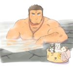  1boy :/ arm_hair bara bead_necklace beads blush body_hair brown_hair chest_hair facial_hair jewelry looking_to_the_side male_focus muscle necklace oniwaka_(tokyo_houkago_summoners) onsen partially_submerged pectorals scar_on_forehead short_hair sideburns solo steam stubble thick_eyebrows tokyo_houkago_summoners upper_body wet yanutorie 