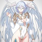  1girl angel angel_wings armor ass_visible_through_thighs blue_eyes blue_hair boots breasts center_opening covered_navel cropped feathered_wings gem hair_between_eyes halo head_wings highleg highleg_leotard highres hip_focus holding holding_staff hong_soon-jae large_breasts leotard long_sleeves looking_at_viewer multiple_wings original photoshop_(medium) short_hair shoulder_armor simple_background solo staff thighhighs white_legwear white_leotard white_theme white_wings wings 