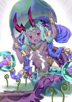  1girl :d aqua_hair armpits boshi_(a-ieba) bracelet broken_egg colored_skin eyeliner fang fate/grand_order fate_(series) flat_chest highres hikimayu horns ibuki_douji_(fate) jewelry long_hair looking_at_viewer makeup navel open_mouth purple_skin red_eyes smile snake_tail solo tail 