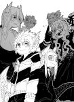  2girls 4boys @_@ absurdres albert_(mazohaha) black_gloves black_tail demon_horns demon_tail demon_wings drake_(mazohaha) family father_and_child father_and_son formal gloves gospel_(mazohaha) greyscale highres horns jacket juugoya_(zyugoya) lorem_(mazohaha) monochrome mother_and_child mother_and_son multiple_boys multiple_girls musuko_ga_kawaikute_shikatanai_mazoku_no_hahaoya nightmare_(mazohaha) parent_and_child rivalry sieg_(mazohaha) smile spoilers tail white_background white_hair white_wings wings 