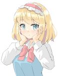  1girl alice_margatroid arnest bangs blonde_hair blue_eyes blue_vest bow bowtie bright_pupils commentary eyebrows_visible_through_hair frilled_hairband frills hairband hands_on_own_cheeks hands_on_own_face hands_up highres long_sleeves looking_at_viewer medium_hair red_bow red_bowtie red_hairband shirt simple_background solo touhou upper_body vest white_background white_pupils white_shirt 