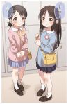  2girls absurdres bag blue_shirt blush brown_eyes brown_hair collared_shirt commentary_request eyebrows_visible_through_hair flat_chest hair_ornament highres idolmaster idolmaster_cinderella_girls indoors kindergarten_bag kindergarten_uniform legs loafers locker locker_room long_hair long_sleeves looking_at_viewer multiple_girls name_tag open_mouth pink_shirt pleated_skirt sasaki_chie school_bag school_uniform shirt shoes short_hair short_twintails sidelocks skirt smock socks standing tachibana_arisu thighs translation_request twintails white_legwear yukie_(kusaka_shi) 