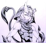  1boy abs bare_shoulders broken_horn character_request closed_mouth covered_abs demon_boy demon_horns demon_tail greyscale hair_between_eyes hatching_(texture) highres hood hood_up horns kuma_(jk0073) male_focus merc_storia monochrome nib_pen_(medium) no_eyebrows solo tail traditional_media upper_body 