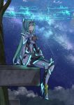 1girl bangs breasts chest_jewel earrings full_body gloves green_eyes green_hair high_heels highres hologram jewelry large_breasts long_hair long_ponytail night night_sky outdoors pneuma_(xenoblade) ponytail sarasadou_dan shooting_star sitting sky solo star_(sky) starry_sky swept_bangs tiara tree very_long_hair xenoblade_chronicles_(series) xenoblade_chronicles_2 