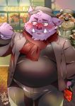  2020 anthro black_nose blush bottomwear bumomomoboa clothing detailed_background domestic_pig duo hat headgear headwear hi_res humanoid_hands kemono male mammal night outside overweight overweight_male pants purple_body scarf shirt suid suina sus_(pig) sweater topwear ursid 