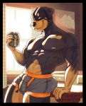  anthro beverage bottomwear boxer_briefs bulge canid canine canis clothed clothing coffee coffee_mug confident domestic_dog fierygeheena grin hi_res kitchen levi_(feldspartan) light male mammal mastiff molosser morning muscular muscular_anthro muscular_male nipples pants rim_light rottweiler smile solo sunlight tattoo underwear window 