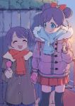  2girls ^_^ absurdres aqua_eyes blush bow closed_eyes coat dorontabi double_bun hair_bow height_difference highres holding_hands manaka_lala manaka_non miniskirt mittens multiple_girls outdoors pretty_(series) pripara purple_hair scarf side_ponytail skirt thighhighs winter_clothes 
