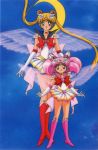  1990s_(style) bangs bishoujo_senshi_sailor_moon blonde_hair blue_eyes boots chibi_usa choker crescent_moon double_bun elbow_gloves eyebrows_visible_through_hair floating_hair gloves heart heart_choker height_difference knee_boots long_hair looking_at_viewer miniskirt moon official_art pink_hair pleated_skirt red_eyes sailor_chibi_moon sailor_moon sailor_senshi skirt sky standing star_(sky) starry_sky tsukino_usagi twintails very_long_hair wings 