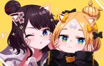  2girls :i abigail_williams_(fate/grand_order) bangs black_bow black_hair black_jacket blonde_hair blue_eyes bow brown_bow closed_mouth commentary_request crossed_bandaids drawn_ears eyebrows_behind_hair face_filter fate/grand_order fate_(series) grey_jacket hair_bow hair_bun hair_ornament hands_on_own_face hands_up heart heroic_spirit_traveling_outfit highres hood hood_down hooded_jacket jacket katsushika_hokusai_(fate/grand_order) long_sleeves looking_at_viewer multiple_girls one_eye_closed parted_bangs parted_lips polka_dot polka_dot_bow simple_background sleeves_past_wrists sparkle tyureu yellow_background 