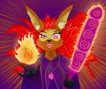  canid canine cast clothing dress female fire fireball hair hi_res hybrid insane jewelry kangaroo laugh macropod magic magic_user magician mammal marsupial miyuka purple_eyes red_hair rodent sciurid spell tama-tama witch 