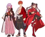  1boy 2girls adapted_costume bangs black_hair blue_eyes blush_stickers boots closed_mouth dress emiya_shirou fate/grand_order fate/stay_night fate_(series) formalcraft full_body gloves hair_between_eyes hair_ribbon hakusai_(tiahszld) high_heels imaginary_around japanese_clothes kimono limited/zero_over long_sleeves looking_at_viewer matou_sakura multiple_girls obi open_clothes open_kimono open_mouth purple_eyes purple_hair red_hair red_kimono ribbon sandals sash shoes short_kimono simple_background skirt smile thigh_boots thighhighs tohsaka_rin white_background white_kimono wide_sleeves yellow_eyes 