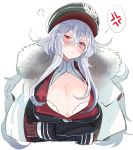  1girl absurdres anger_vein azur_lane bangs blush breasts cleavage commentary_request fur_trim gloves graf_zeppelin_(azur_lane) hair_between_eyes hat hey_taisyou highres huffing large_breasts long_hair looking_at_viewer peaked_cap red_eyes silver_hair solo spoken_anger_vein uniform upper_body very_long_hair 