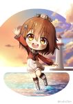  1girl brown_eyes brown_hair brown_neckwear chibi cloud dress english_commentary full_body grey_sailor_collar kantai_collection lighthouse mixed-language_commentary neckerchief open_mouth outdoors red_shirt roshi_chen round_teeth rudder_footwear sailor_collar sailor_shirt scenery shirt short_hair solo sunset tan_yang_(kantai_collection) teeth upper_teeth water white_dress yukikaze_(kantai_collection) 