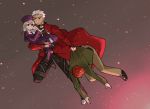  1girl 2boys archer carrying dragging embers emiya_shirou fate/stay_night fate_(series) frown full_body grey_eyes heaven&#039;s_feel holding holding_person illyasviel_von_einzbern looking_at_another looking_away midair misuko_(sbelolt) multiple_boys red_eyes red_hair sweatdrop white_hair 