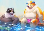  2020 anthro belly canid canine canis clothing domestic_dog duo male mammal nipples outside overweight overweight_male procyonid raccoon racoonwolf sitting swimwear water 