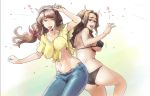  2girls breasts brown_hair denim e_keroron horns jeans large_breasts long_hair multiple_girls open_mouth original pants simple_background smile swimsuit 