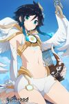  2020 angel black_hair day detailed_background digital_media_(artwork) eyebrows eyelashes feathered_wings feathers genshin_impact girly hair looking_at_viewer male midriff navel not_furry outside sky smile sollyz venti wings 